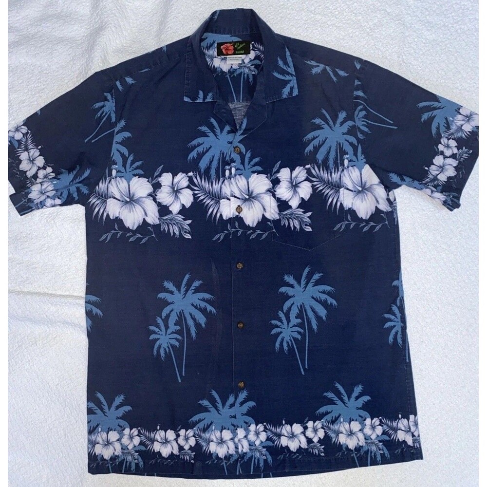 Ali’i Fashions Hawaii Men's Blue Floral Palm Tree Aloha Shirt - 100% Cotton VTG